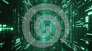 Digital data network tunnel with green glowing code