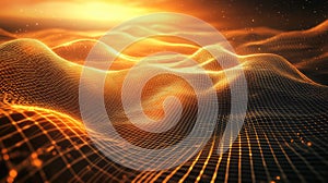 Digital data network wave with glowing golden grid