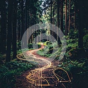 Digital Data Path Through a Lush Green Forest