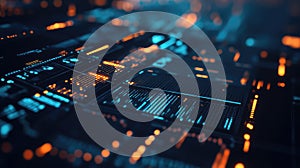 Digital data processing on abstract futuristic dashboard interface