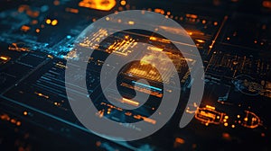 Digital data processing on an abstract futuristic interface