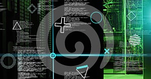 Digital data processing and analysis image over green and black technological background