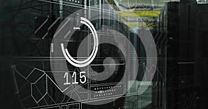 Digital data processing and analytics over server room with world map and graphs