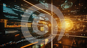 Digital data processing on futuristic interactive interface screen