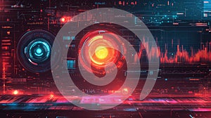 Digital data processing futuristic interface with glowing hud elements