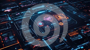 Digital data processing on futuristic user interface dashboard