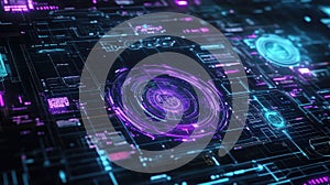 Digital data processing with glowing neon interface and circuit lines