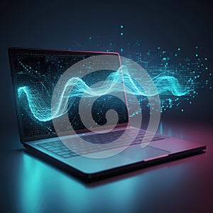 Digital data processing over laptop screen, created using generative ai technology