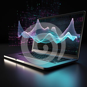 Digital data processing over laptop screen, created using generative ai technology