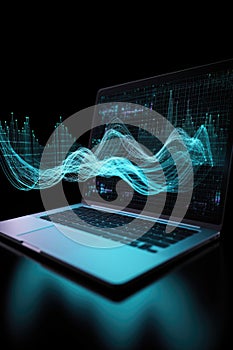 Digital data processing over laptop screen, created using generative ai technology