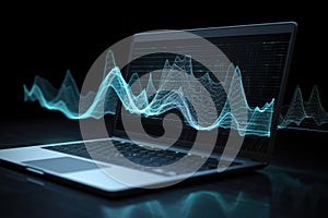 Digital data processing over laptop screen, created using generative ai technology