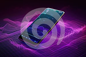 Digital data processing over smartphone screen, created using generative ai technology