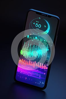 Digital data processing over smartphone screen, created using generative ai technology