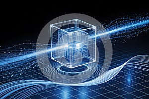 Digital data processing and quantum computing concept with glowing blue cube