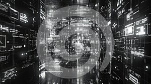 Digital data processing tunnel with glowing interfaces