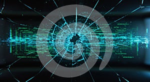 Digital Data Projected Through Cracked Glass â Cyber Chaos. Ai Generated photo