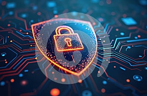 Digital data protection concept. Security shield with glowing lock icon on tech circuit board. Illustrates cyber security, data