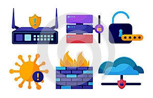 Digital data protection design element vector. Cyber security illustration set. Cloud computing network safety concept