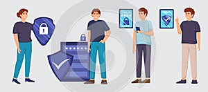 Digital data protection design vector. Cyber security cartoon character illustrations. Cloud computing network safety concept