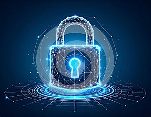 Digital data protection padlock, cybersecurity network connection concept in blue