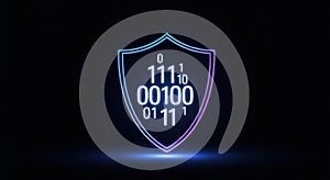 Digital data protection shield icon glowing with binary code for corporate cybersecurity strategy.