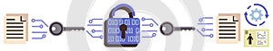 Digital Data Security Concept with Encryption Process and Binary Code Lock Between Documents