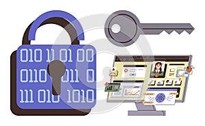 Digital Data Security Featuring Lock, Key, and Computer with Online Information Display