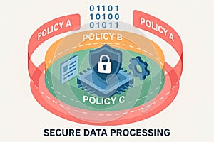 Digital data security layers featuring shield and lock with binary code and policies for secure processing concept