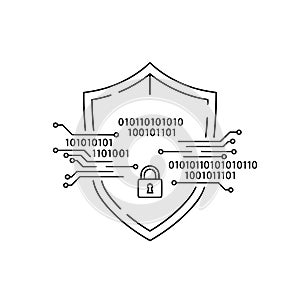 Digital data security shield with binary code and padlock representing cyber protection.