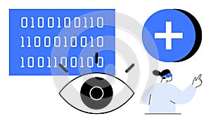 Digital Data Security Visualization with Binary Code, Vision Icon, and Healthcare Concept