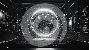 Digital data sphere floating in futuristic server room