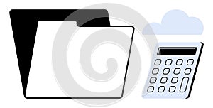 Digital Data Storage and Calculation Concept with Folder, Calculator, and Cloud Icon