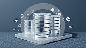 Digital data storage concept: 3D rendering of database servers and cloud computing symbols.