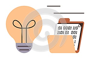 Digital Data Storage Concept with Light Bulb and Binary Code in Folder