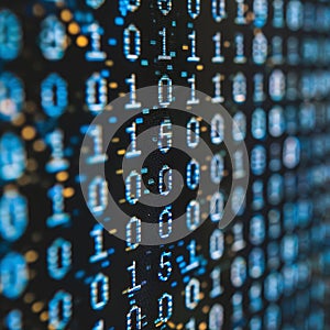 Digital Data Stream. Abstract Binary Code Pattern On Black Background, Cybersecurity Concept.