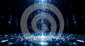 Digital data stream of binary code falling from above in a dark futuristic environment technology