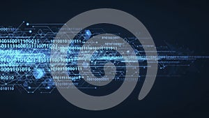 Digital data stream with binary code and glowing blue lines representing technology and communication