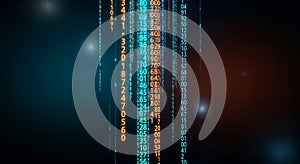 Digital Data Stream with Binary Code and Glowing Elements in Dark Background