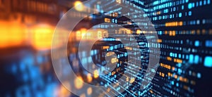 Digital data stream with binary code, glowing numbers, abstract technology background, vibrant colors, depth effect
