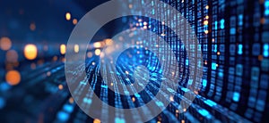 Digital data stream with binary code and glowing particles in futuristic environment