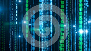 Digital data stream with binary code and green highlights