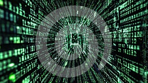 Digital data stream, binary code, green matrix effect, technology background