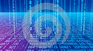 Digital Data Stream: Binary Code and Text in Blue Hues