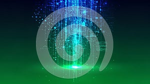 Digital Data Stream with Blue and Green Glowing Binary Code and Circuitry