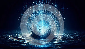 Digital Data Stream Exploding Into Water Splash With Glowing Blue Light