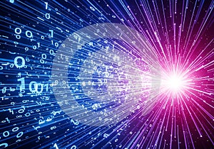 Digital data stream explosion blue and pink light binary code
