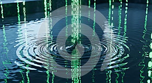 Digital Data Stream Falling into Water and Creating Ripples, Green Binary Code