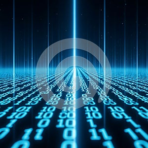 Digital data stream flowing through abstract blue light tunnel