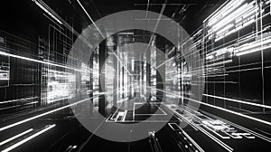 Digital data stream flowing through abstract network corridor