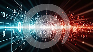 Digital data stream flowing from blue circuit board to red particles technology binary